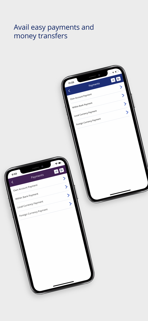 Mobile interface of the businessONLINE app showing the Payments screen with options for local and foreign currency transfers