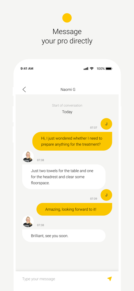 Massage at home | Urban - Urban mobile app interface showing direct messaging between a user and a professional therapist.