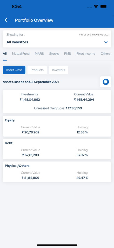 NJ E-Wealth Account app showing investment portfolio overview and asset class breakdown