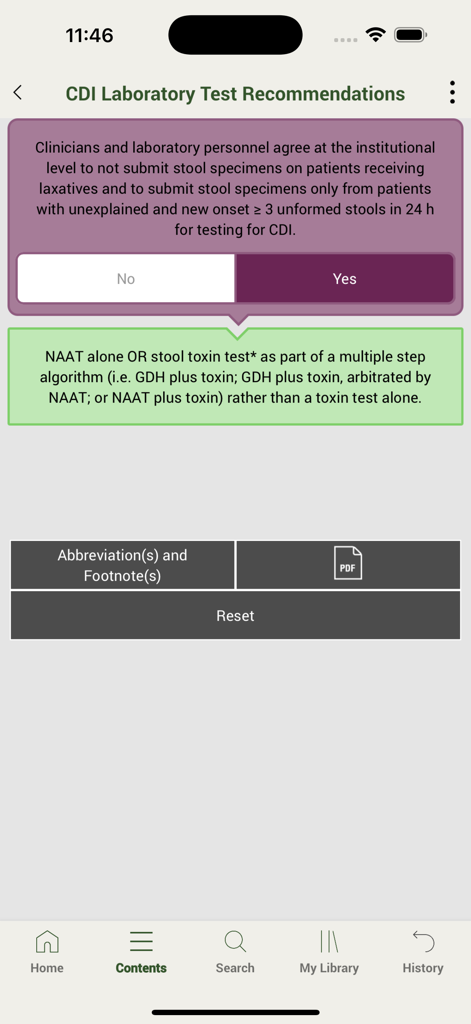 A clinical decision support screen in the IDSA app providing CDI laboratory test recommendations based on patient symptoms.