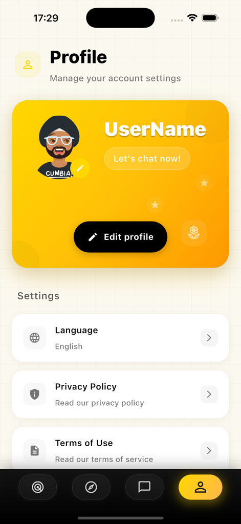 Peameet-Emotional AI Companion - Profile screen of the Peameet app featuring user account settings and profile editing options