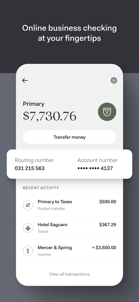 Mobile interface of Found business banking app showing account balance and recent transactions