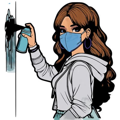 realistic girl with mask spray painting a wall