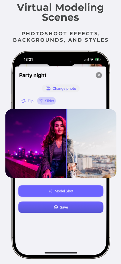 PhotoTool - AI Photo Enhancer - AI photo app interface showing a virtual modeling scene feature with a party night photoshoot effect on a portrait