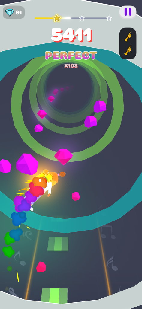 Melody Run - Cute Piano Game - In-game screenshot of Melody Run showing a character with a rainbow trail navigating a circular rhythmic tunnel with music notes and gems