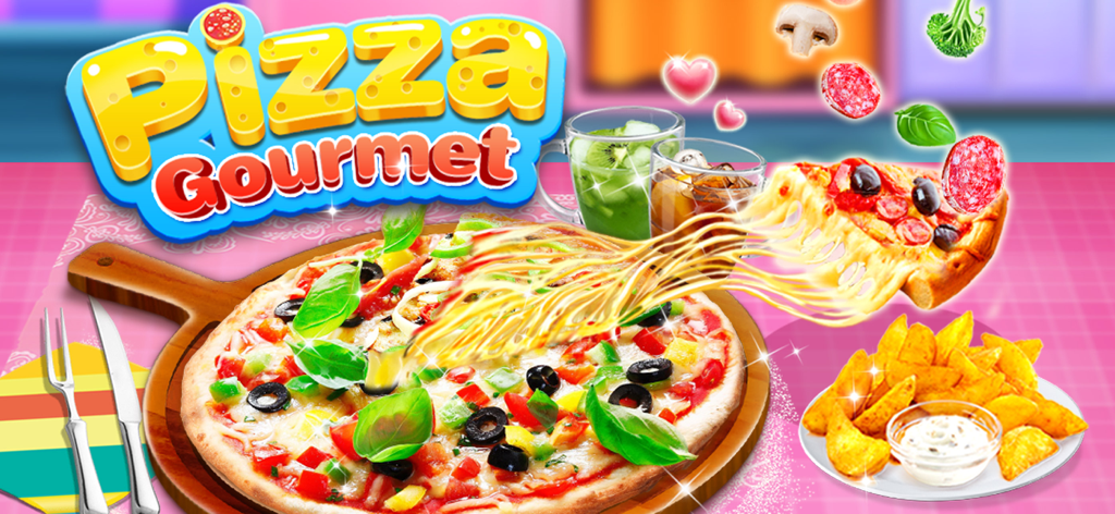 A colorful pizza with stretchy cheese being pulled next to potato wedges and drinks.