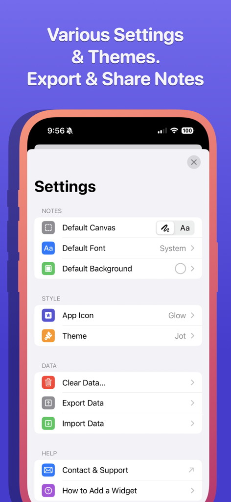 Sticky Notes Widgets: Jot - El menú de configuración de la aplicación Sticky Notes Widgets Jot mostrando opciones de personalización para temas, fuentes y exportación de datos.