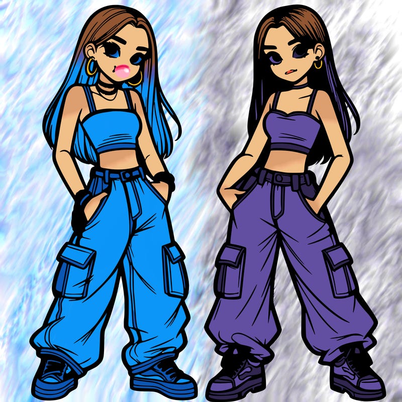 2 teen girls wearing baggy cargo jeans and crop tops