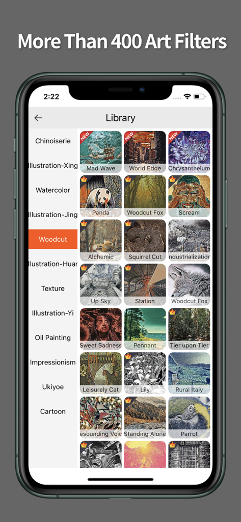 TensorArt - AI photo Editor - Eine Bibliothek mit künstlerischen Filtern in der TensorArt-App, die Holzschnitte, Ölgemälde und Aquarellstile auf einem iPhone-Bildschirm zeigt.