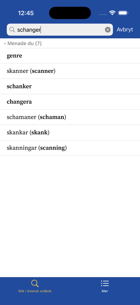 Svensk ordbok - Search results and spelling suggestions in the Svensk ordbok mobile app interface