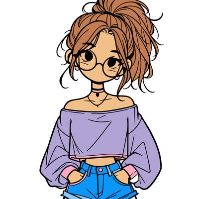 girl with a messy ponytail glasses a baggy crop top and jean shorts