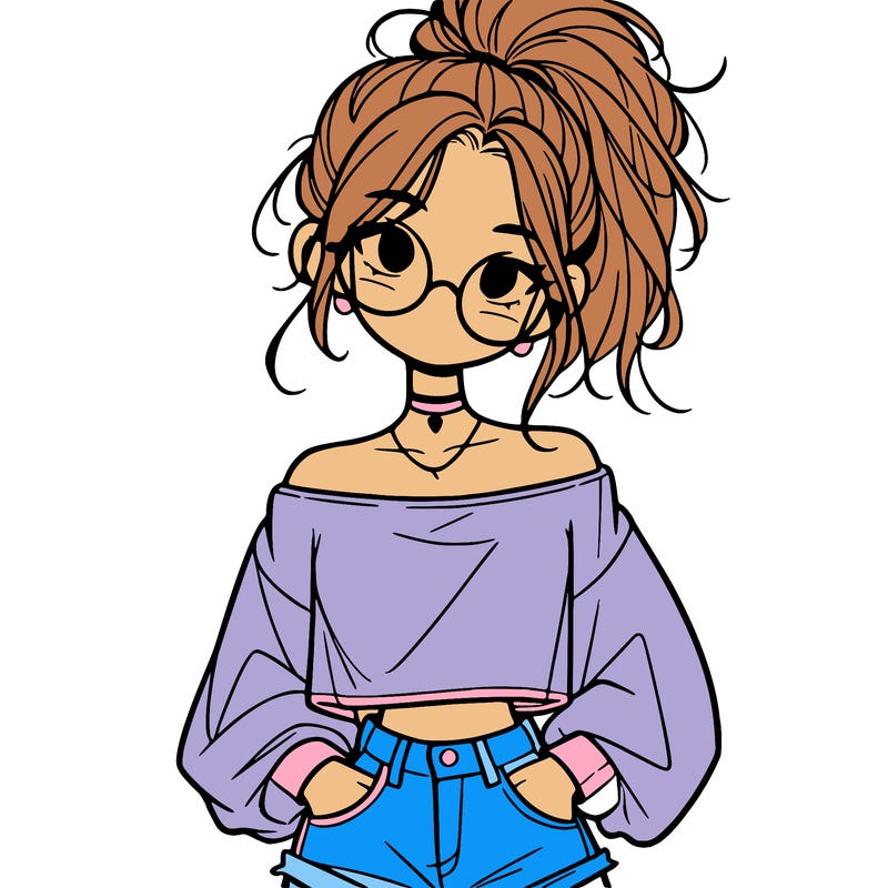 girl with a messy ponytail glasses a baggy crop top and jean shorts