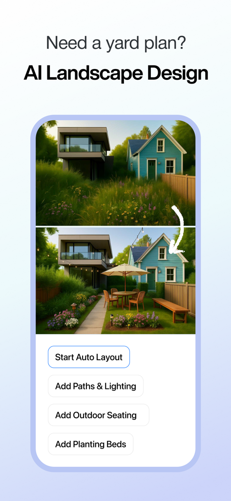 AI Interior & 3D Room Planner - Comparación de antes y después de una transformación de patio utilizando diseño de paisajes con IA y herramientas de planificación exterior.