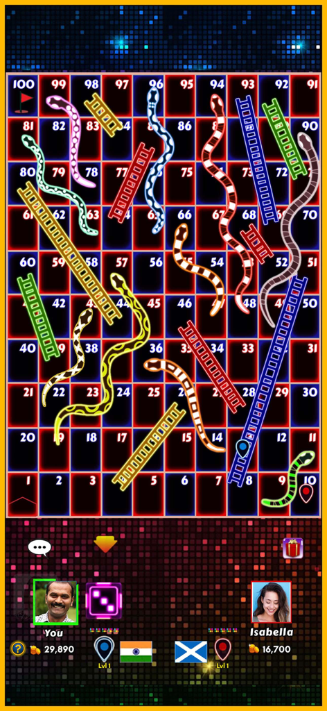 Snakes and Ladders King - Partida multijugador en línea en Rey de Serpientes y Escaleras con un tablero de tema disco de neón.