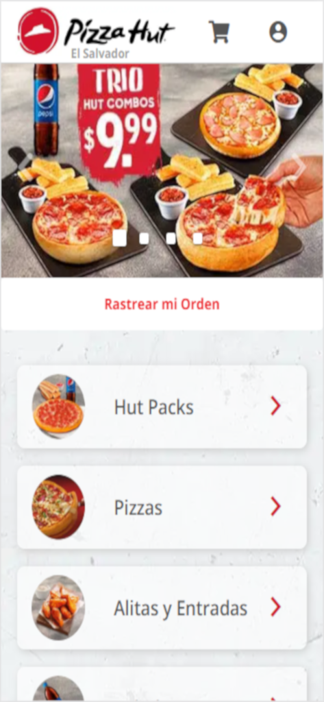 Interface of the Pizza Hut El Salvador app showing menu categories and special offers