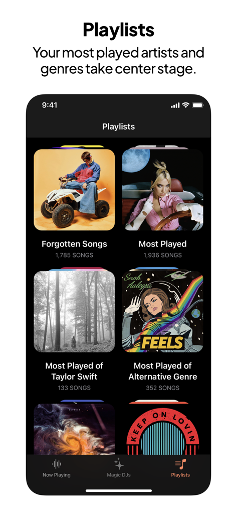 SongCapsule app screenshot showing personalized playlists like Forgotten Songs and Most Played artist mixes in a dark mode interface.