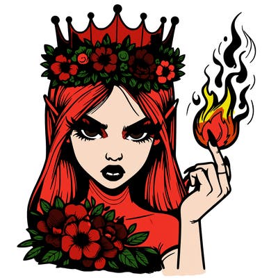 a realistic evil girl wereing a crown with flowered on ita hand shooting a flame out of it