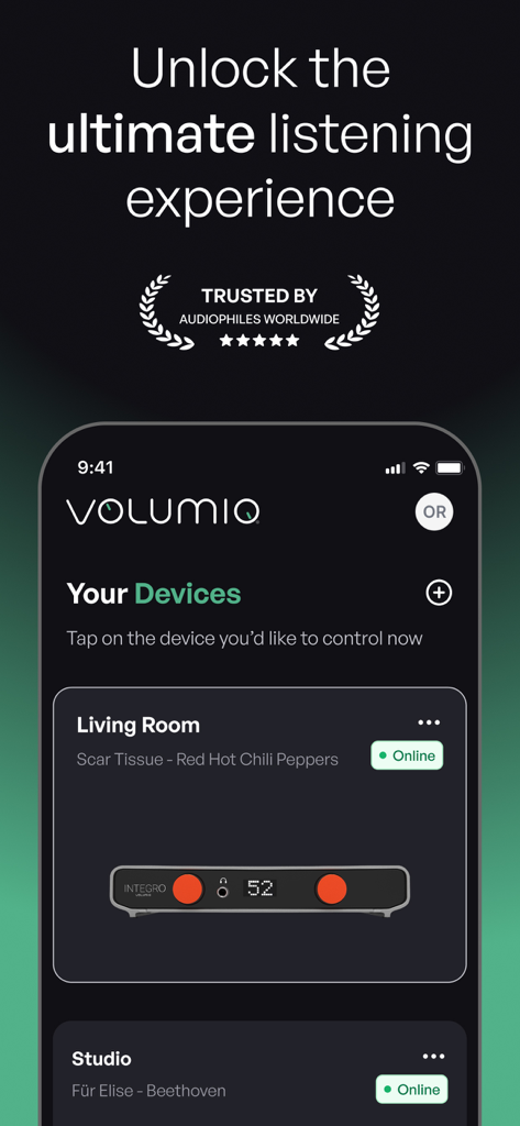 Volumio - Pantalla de la aplicación Volumio que muestra el control de dispositivos de audio multiroom para una escucha de alta fidelidad.