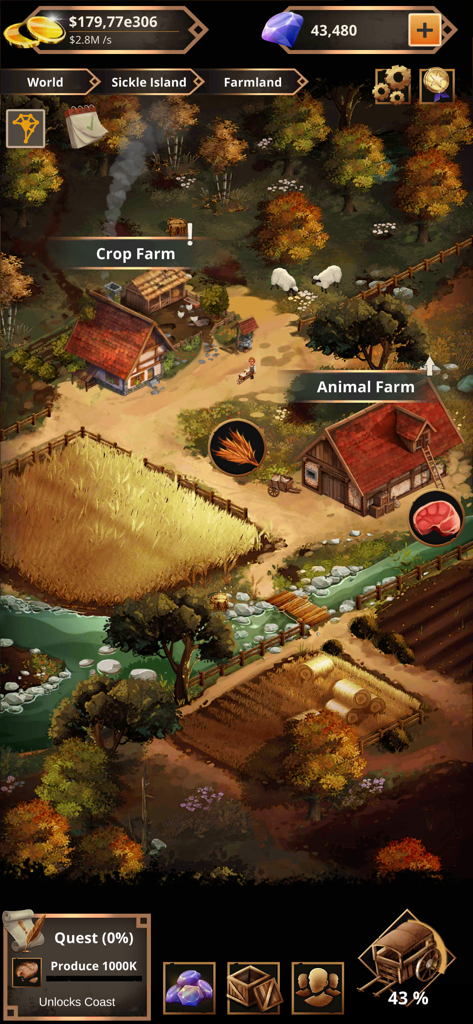 Idle Medieval Merchant Tycoon - Vue en jeu de la zone agricole dans Idle Medieval Merchant Tycoon montrant des fermes de culture et d'élevage