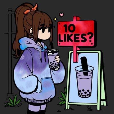 girl with oversized hoodie drinking boba and she has a high ponytail with a sign that says 10likes?