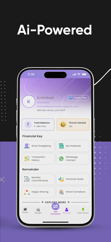 Main dashboard of the Fintastics AI expense tracker app showing financial management tools and user profile