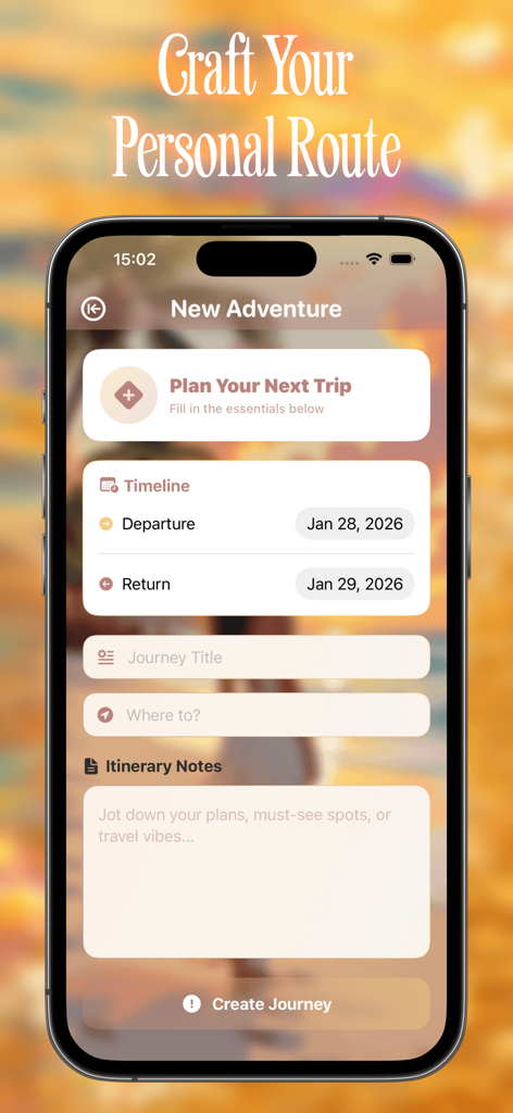 Lumen - Delightful Moments - Lumenアプリの「新規アドベンチャー」画面で、出発日と帰国日を含む旅行計画を作成するスクリーンショット。