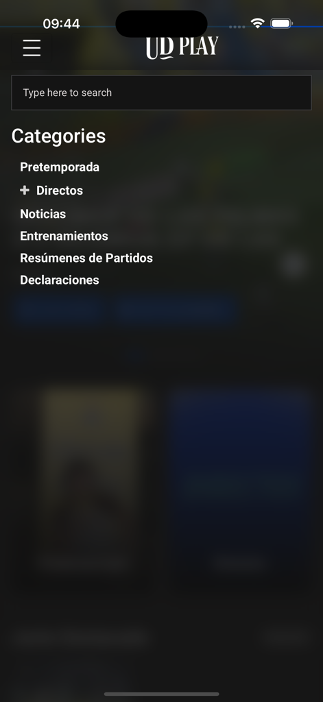 UD Play - El menú de categorías de la aplicación UD Play que muestra opciones de noticias, entrenamiento y resúmenes de partidos