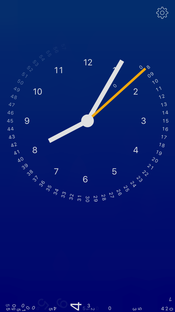 Minimalist analog clock face on a blue background where numbers representing seconds fall to the bottom