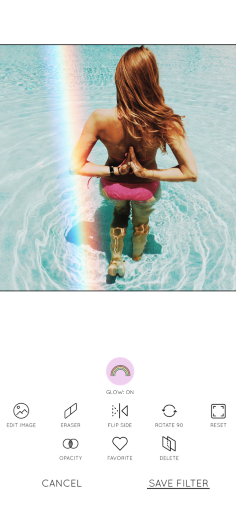 Rainbow Love - A photo of a woman in a pool with a rainbow light leak filter being edited in the Rainbow Love app.