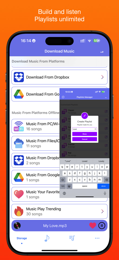 Music X - Full Music Player Fm - Music X app interface showing options to download music from Dropbox and Google Drive with a playlist creation pop up