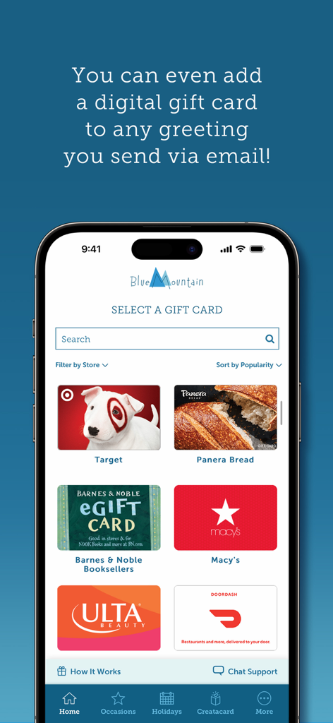 Blue Mountain Ecards - A mobile interface of the Blue Mountain Ecards app showing different digital gift cards from brands like Target, Panera, and Macy's that can be added to an ecard.