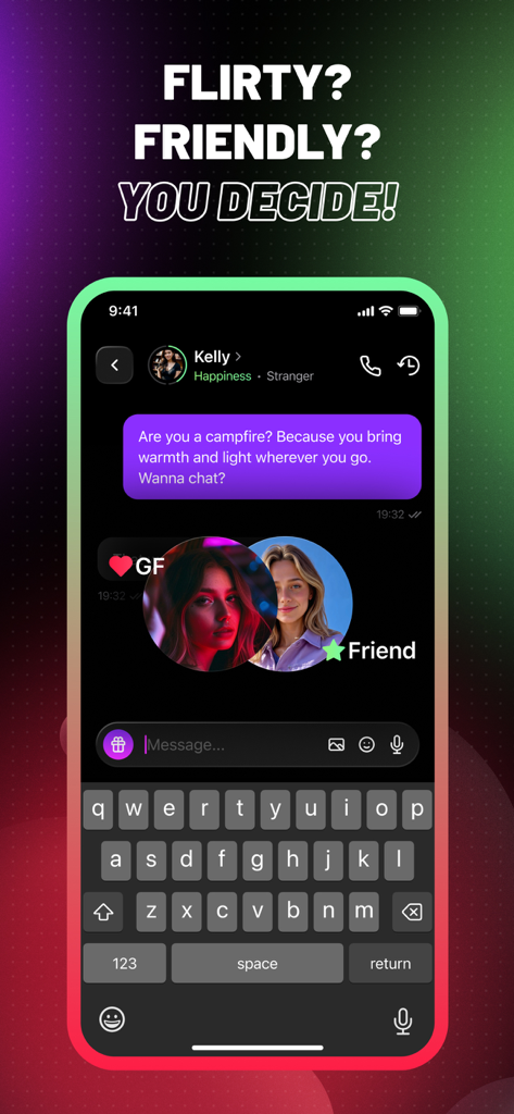 FutureMatch: AI Friend Chat - Captura de pantalla de la aplicación FutureMatch que muestra una interfaz de chat donde los usuarios pueden elegir una relación de IA coqueta o amigable.
