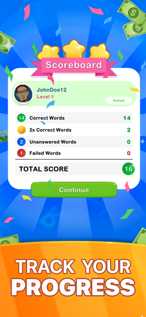 Next Word: Alphabet Cash Quiz - Next Word Alphabet Cash Quiz scoreboard showing player stats and total score