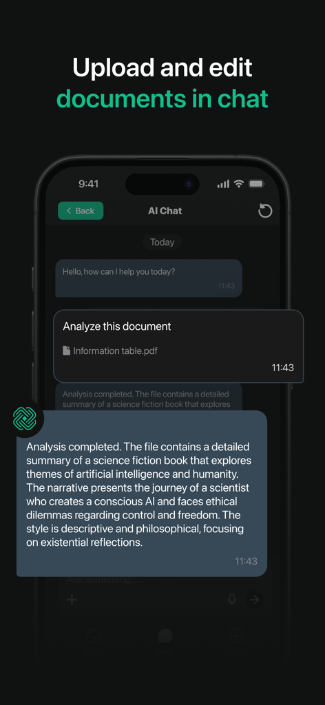 ChatCom 6: AI chat assistant - ChatCom 6 KI-Assistent analysiert und fasst ein hochgeladenes PDF-Dokument in einer Chat-Oberfläche zusammen