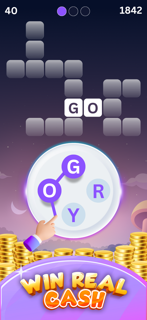 Crossword Cash Earn Word Games - Gameplay of Crossword Cash app showing word puzzles and win real cash banner