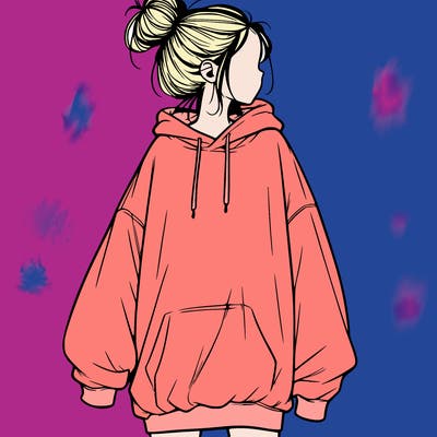 realistic girl with a oversized sweatshirt on and a bun