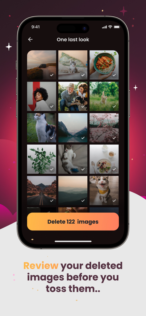 Photo Purge: Swipe & Delete - Pantalla de la aplicación móvil que muestra una cuadrícula de fotos seleccionadas para eliminar con un botón etiquetado como Eliminar 122 imágenes.