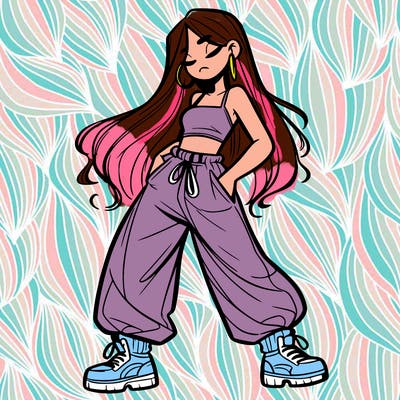 girl in baggy pants crop top and long hair