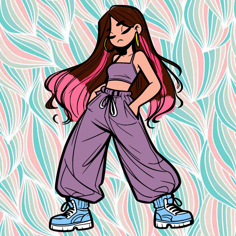 girl in baggy pants crop top and long hair