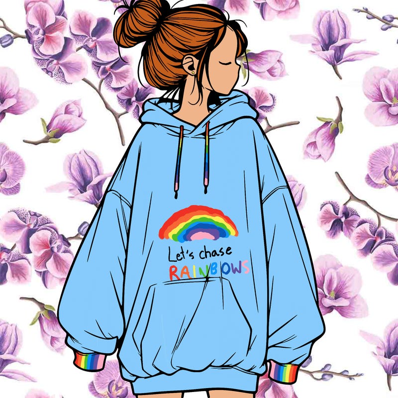 realistic girl with a oversized sweatshirt on and a bun