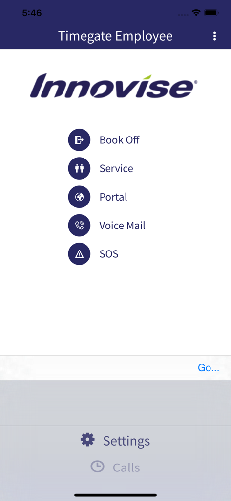 Timegate Employee - Main menu of the Timegate Employee app displaying options for booking off service portal voice mail and SOS