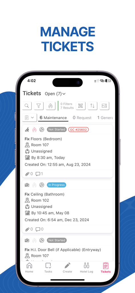 Kipsu Exceed FCX app interface for managing hotel maintenance tickets