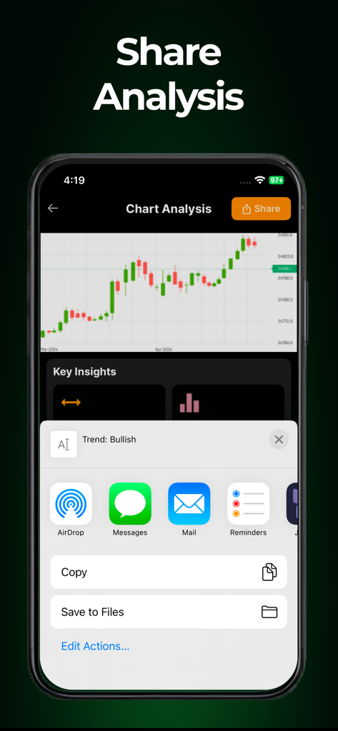 iPhone-Screenshot, der die Analyse-Sharing-Funktion der Chart AI-Handels-App mit einem bullischen Trend-Einblick zeigt.