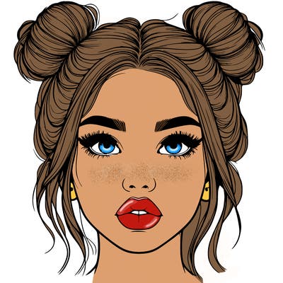realistic girl with two buns on her hair and lips