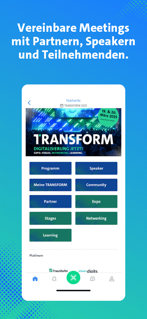 TRANSFORM app home screen featuring buttons for program speakers networking and expo