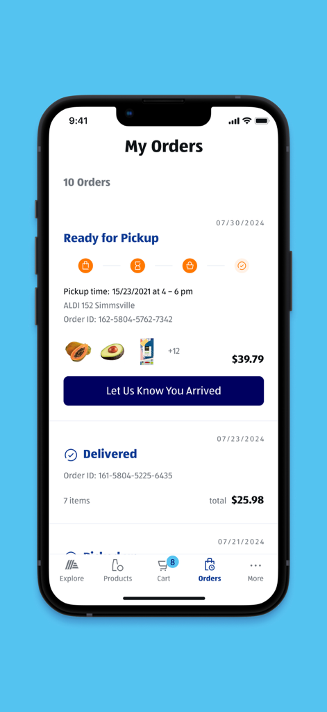 ALDI USA - ALDI USA app My Orders screen showing a current pickup order status and past delivery details