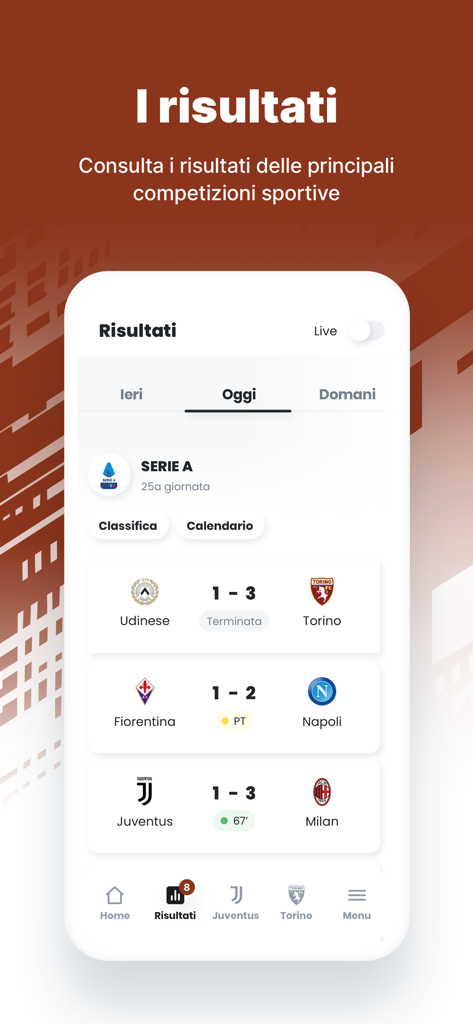 Tuttosport mobile app screen showing live Serie A football scores for teams like Juventus and Torino