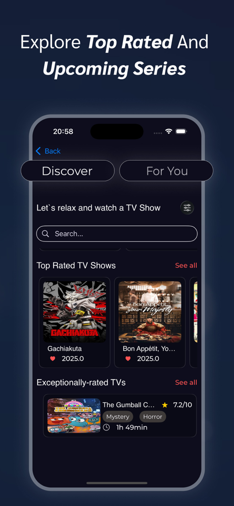 RAVE app discovery screen showing top rated TV shows and search options