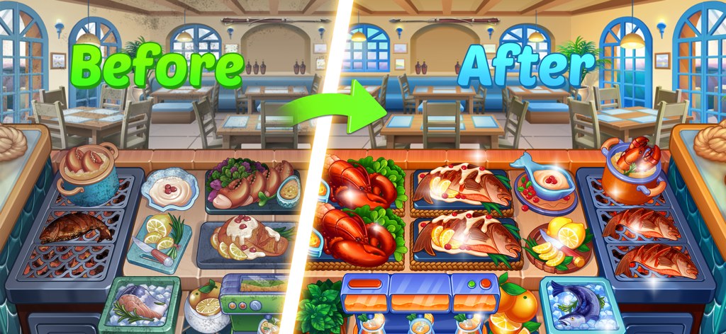 Cooking Time: Cooking Game - Comparación antes y después de la mejora de una cocina y un restaurante de mariscos