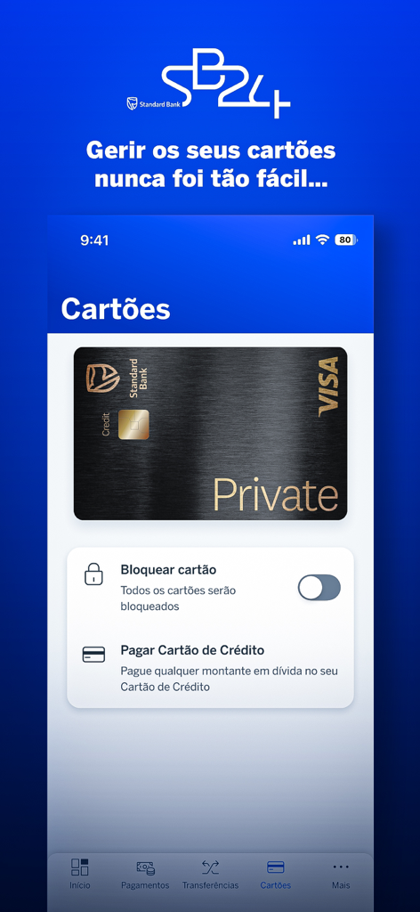 SB24 - Standard Bank SB24 app interface for managing credit cards with security features and bill payment options in Portuguese